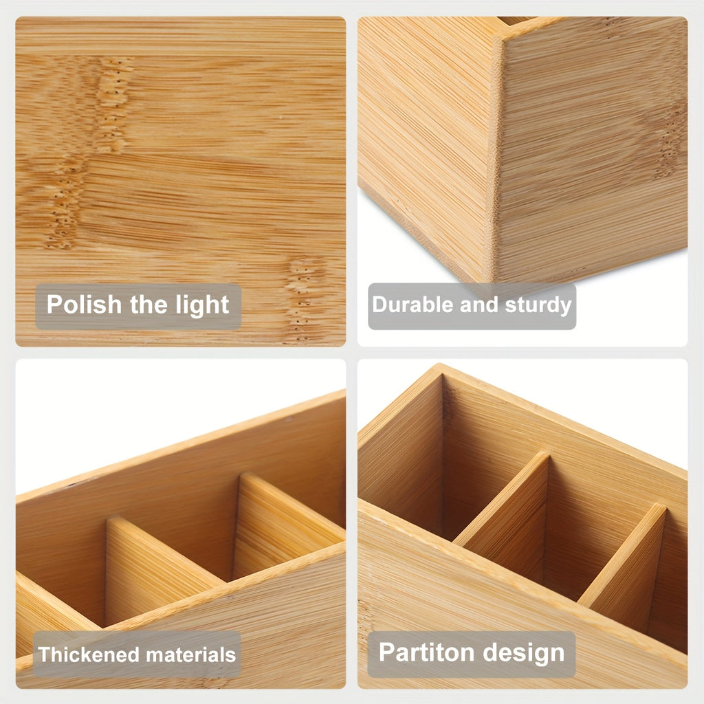 Wooden Remote Control Storage Box with Four Compartments, Suitable for Organizing Remote Controls, Makeup Brushes, And Pens in The Living Room, Bedroom, Or Office.