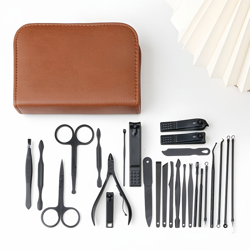 26-in-1 Professional Manicure Pedicure Set - Heavy-Duty Black Stainless Steel Complete Nail Care Kit with Leather-like Travel Case, Foldable Grooming Tools (Nail Clippers, Cuticle Trimmer, Remover, Cuticle Pusher) for Men &amp; W