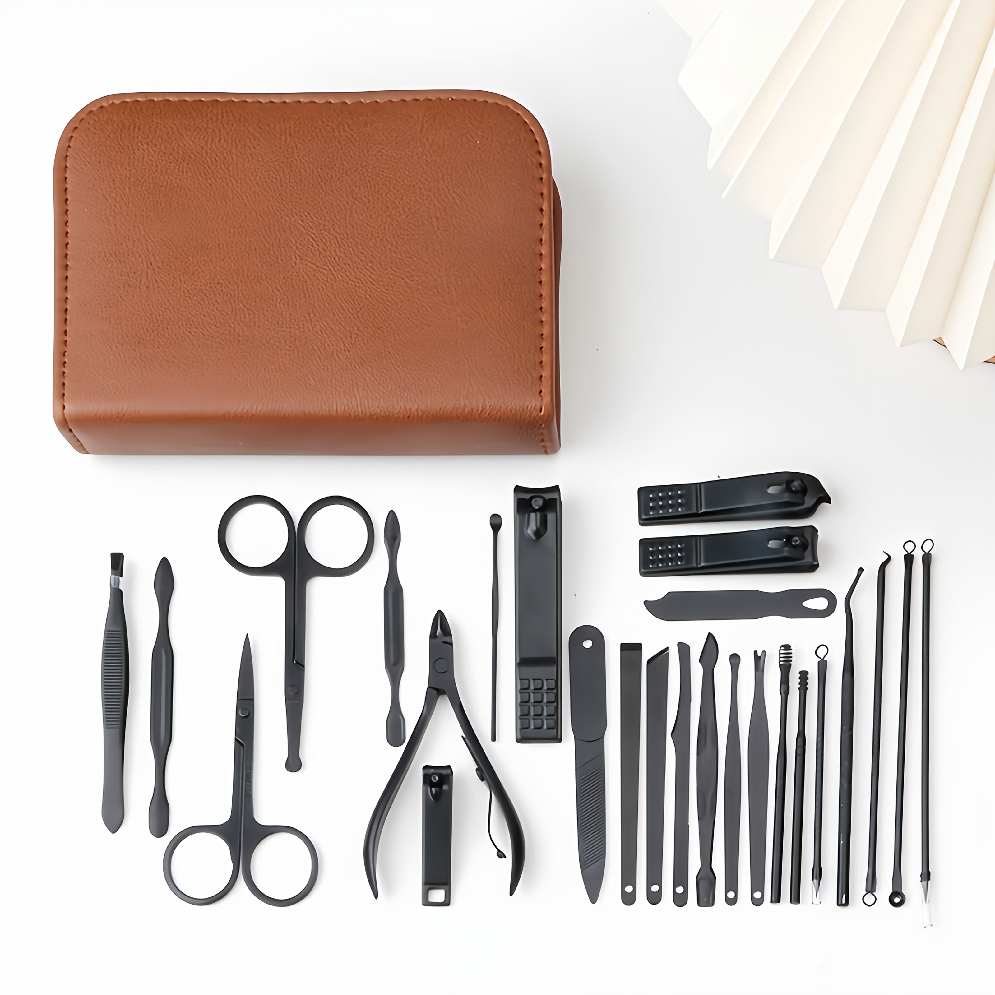 26-in-1 Professional Manicure Pedicure Set - Heavy-Duty Black Stainless Steel Complete Nail Care Kit with Leather-like Travel Case, Foldable Grooming Tools (Nail Clippers, Cuticle Trimmer, Remover, Cuticle Pusher) for Men &amp; W