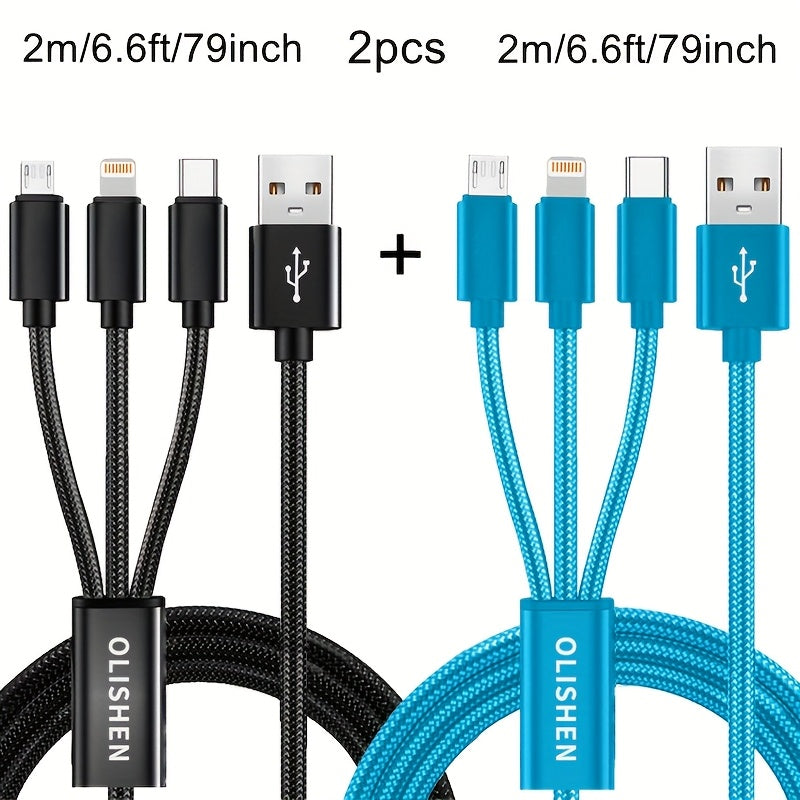 2pcs 3-in-1 Fast Charging Cable | Durable Nylon Braided, Compatible with iPhone, Samsung, Xiaomi, Oppo, Vivo, Redmi, OnePlus & More, Supports USB Charging, 10W Output Power