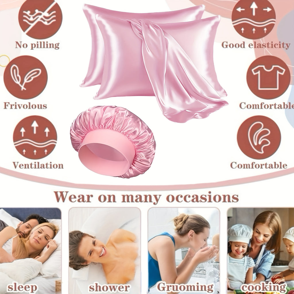 Lot de 6 accessoires capillaires femme : taies satin, bonnet de nuit détachable, masque yeux respirant, bandeau large avec nœud.