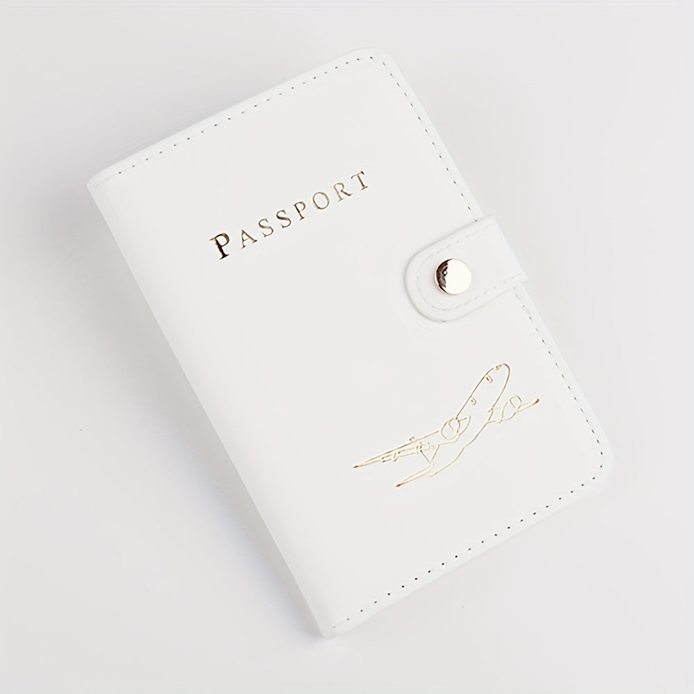 Porte-passeport en simili cuir élégant Résistant, multiple emplacements cartes, bords cousus, design avion doré, parfait pour étudiants, couples et voyageurs.