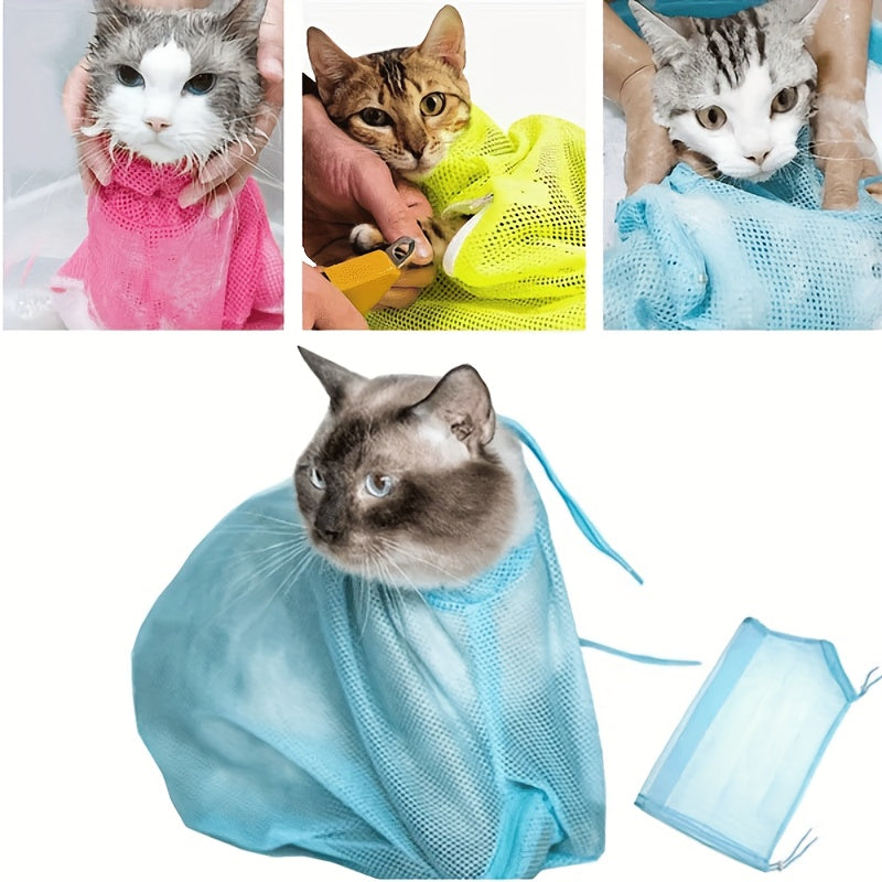 Sac de toilettage WhiskerWonders pour chat, polyester ajustable, maille respirante, non électrique, assure bain sécurisé et confortable.