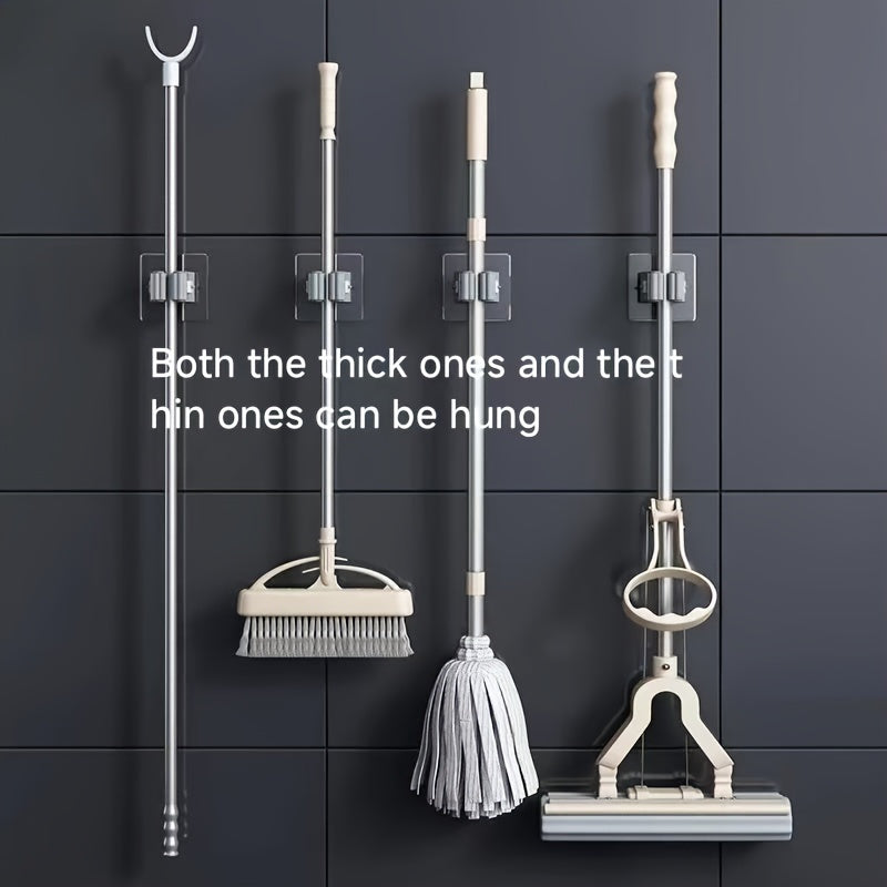 4pcs Plastic Utility Hooks, Wall Mounted Mop and Broom Holder, Strong Adhesion No-Drill Storage Rack for Bathroom and Kitchen