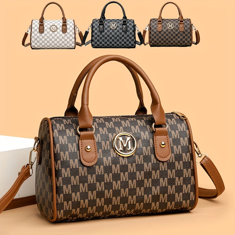 Perfect Lily Women'S Mini Shoulder Bag with Golden "M" Monogram - Elegant Houndstooth Design, Detachable Strap, Lightweight Synthetic Faux Leather Purse for Work, Travel, Parties &amp; Gifts (White/Black/Brown), Small Crossbody B