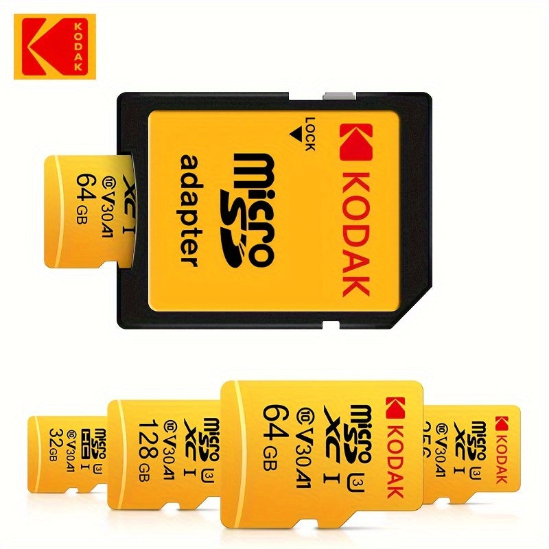 Carte Mémoire Kodak Micro TF U3 : Capacités 32 à 256 Go avec adaptateur SD, UHS-I haute vitesse, idéale 4K/120fps, compatible smartphones et caméras.