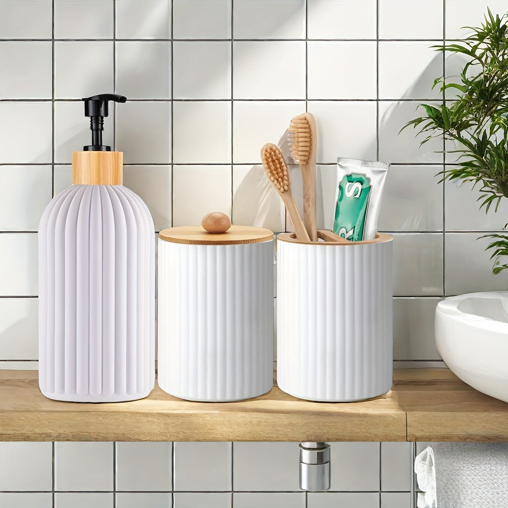 Set de distributeurs de salle de bain rechargeable (3 pièces). Distributeur de lotion, support pour coton-tiges et organisateur de brosses à dents, manuel, sans électricité.