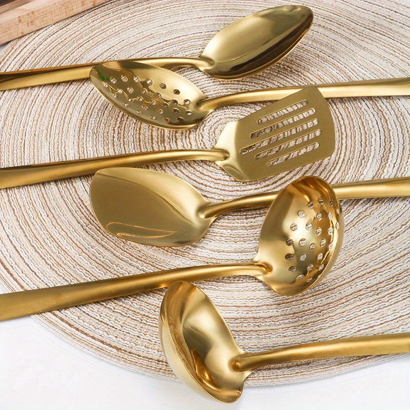 6pcs Korean-Style Stainless Steel Gold-Plated Kitchen Utensil Set: Essential Cooking Ladle, Strainer Spoon, and Frying Spatula for Home Use - Luxurious Golden Soup Spoon, Colander, and Hot Pot Ladle Perfect for Cooking, Buffe