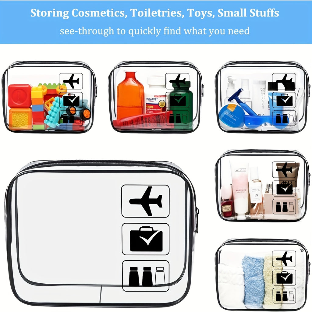 Trousse de toilette transparente avec ouverture à bouchon, pliable et verticale, pratique pour voyage, salle de bain ou shopping.