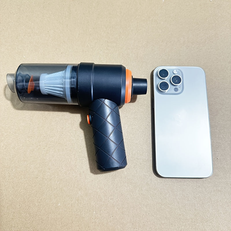 Aspirateur de voiture sans fil mini, compact et léger, forte aspiration pour poils d’animaux et débris, charge USB, corps plastique avec filtre en mousse.