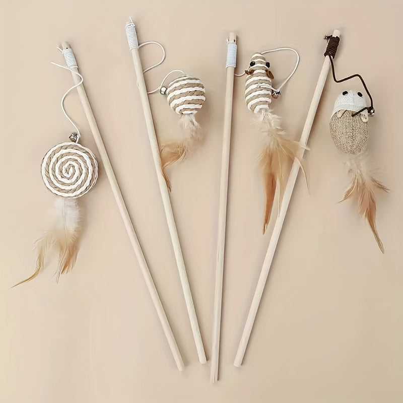Set de 4 baguettes interactives en corde de jute pour chats, avec cloche et plumes, jouet durable, sans batterie, stimule jeu et activité.