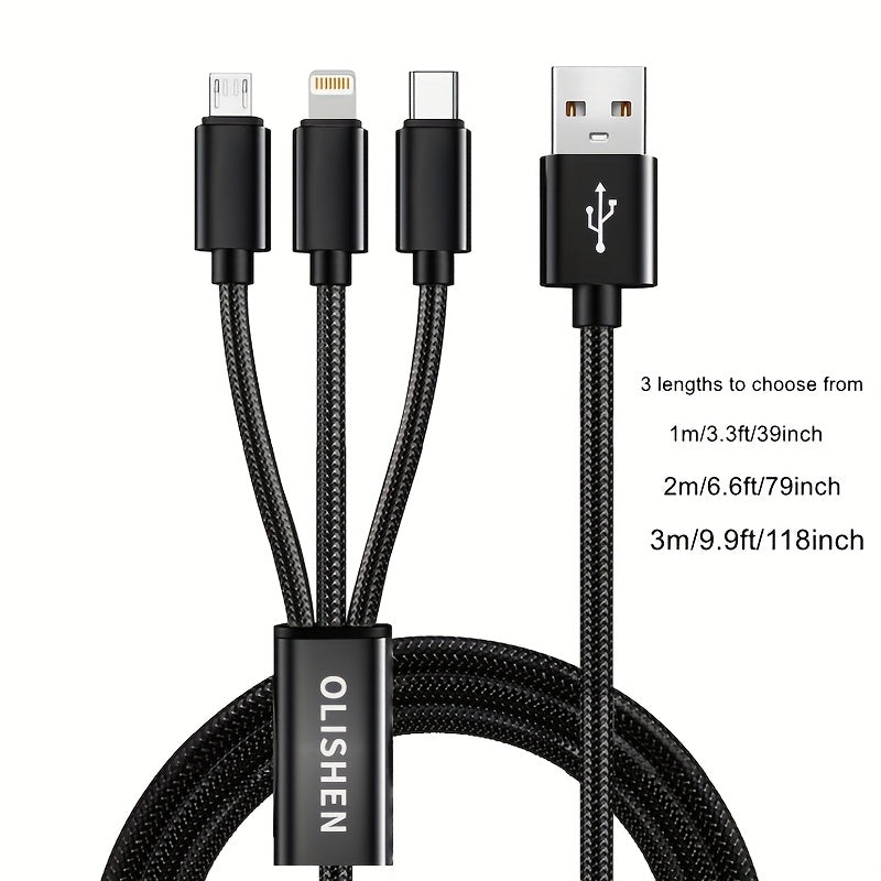 2pcs 3-in-1 Fast Charging Cable | Durable Nylon Braided, Compatible with iPhone, Samsung, Xiaomi, Oppo, Vivo, Redmi, OnePlus & More, Supports USB Charging, 10W Output Power