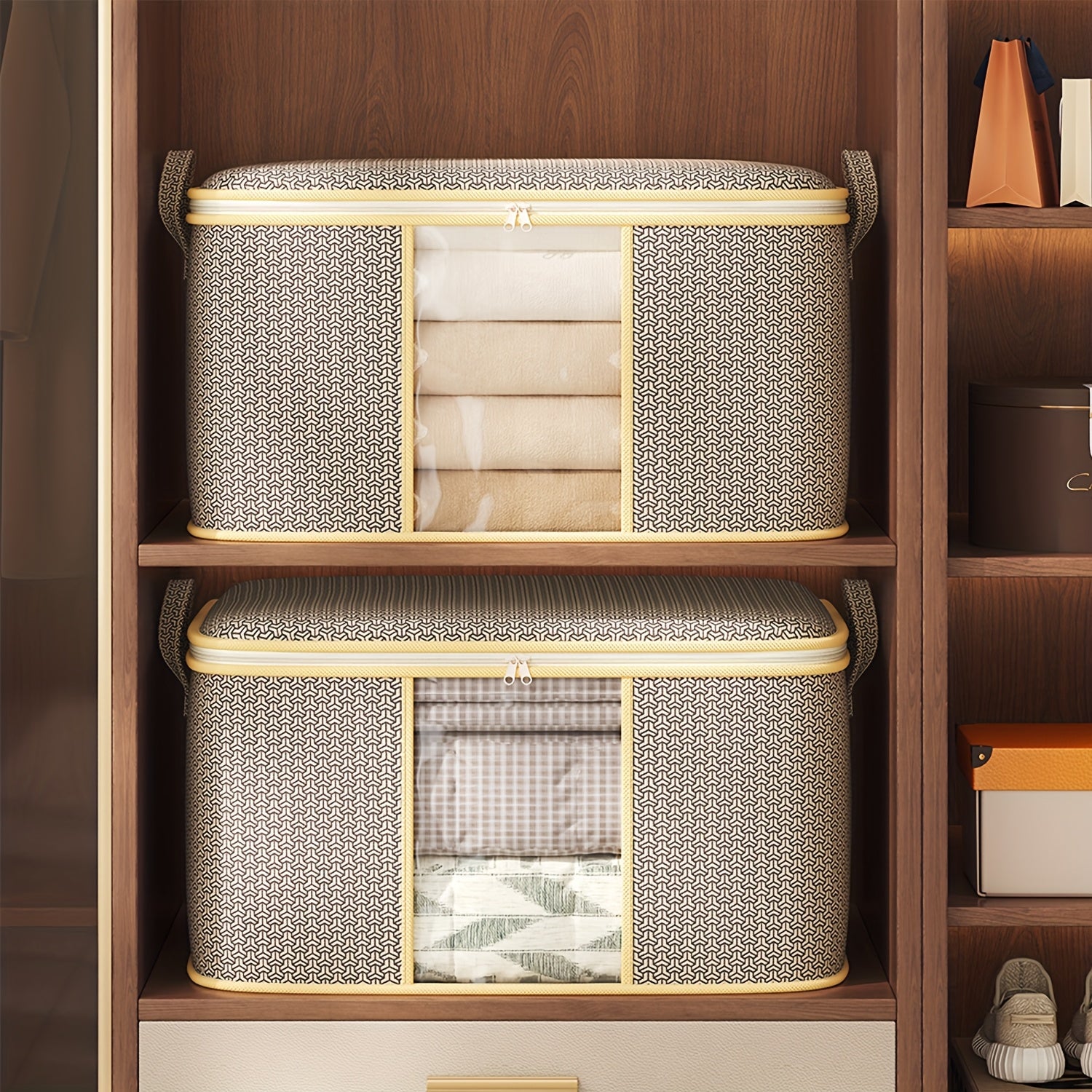 TUZA 1pc Large Heavy-Duty Soft Non-Woven Fabric Storage Bag with Zipper Closure, 4 Carry Handles &amp; Window - Queen/King Comforter, Bedding, Blanket, Clothes Organizer - Heavy Items Capacity (Bed Pillows, Protectors)