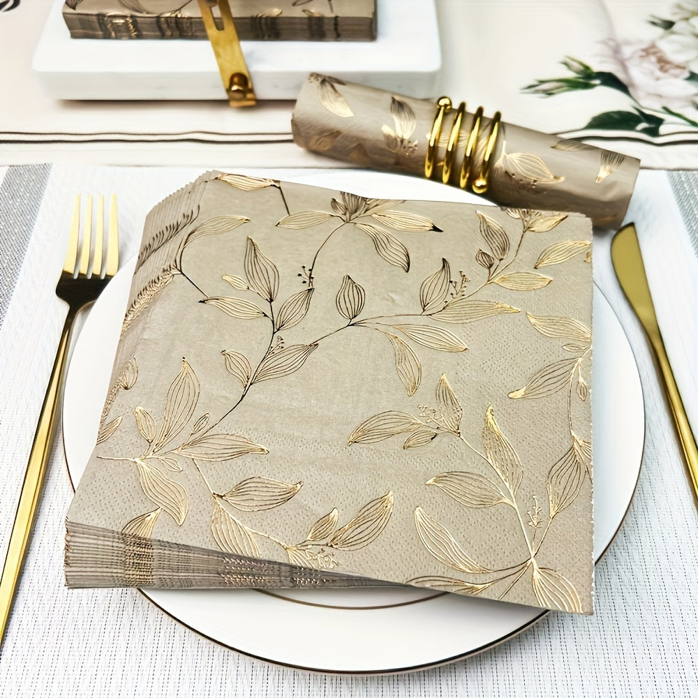 60pcs Elegant Golden Leaf Stamped Disposable Napkins - 33.02x33.02cm Square Paper Placemats, Perfect for Family Gatherings, Weddings, Parties &amp; Restaurants