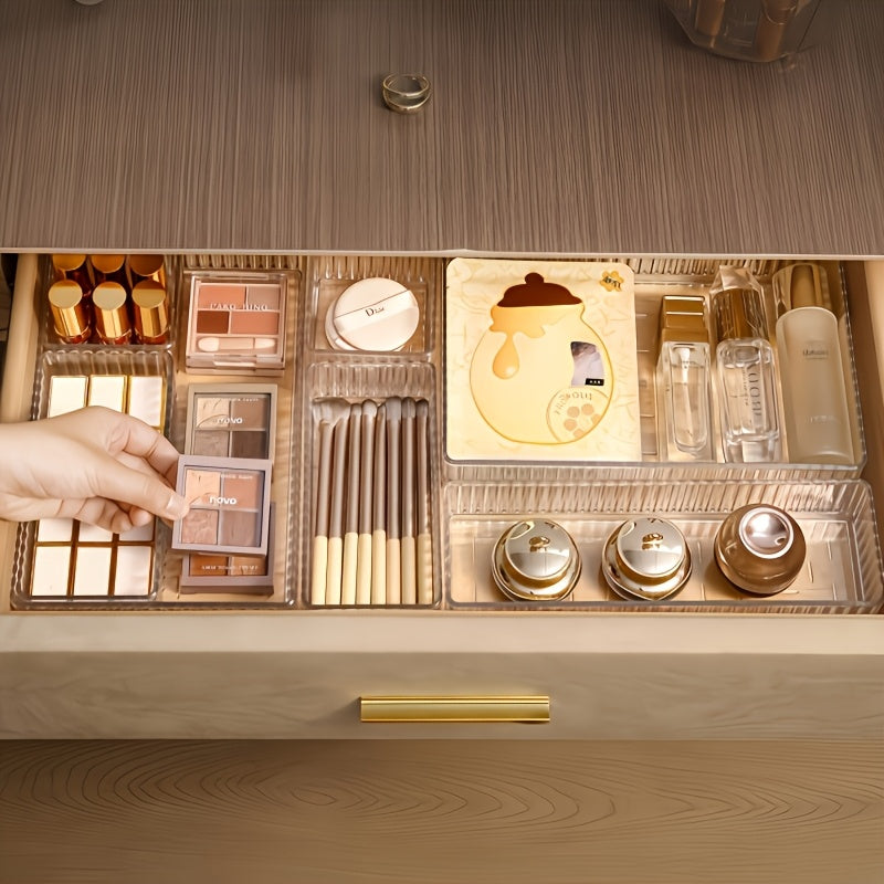 11/7/4pcs Transparent Plastic Craft Storage Box and Organizer Set, 4 Sizes Multi-Functional Bathroom and Vanity Drawer Organizer Trays for Cosmetics, Bedroom, Kitchen Utensils, and Office Storage