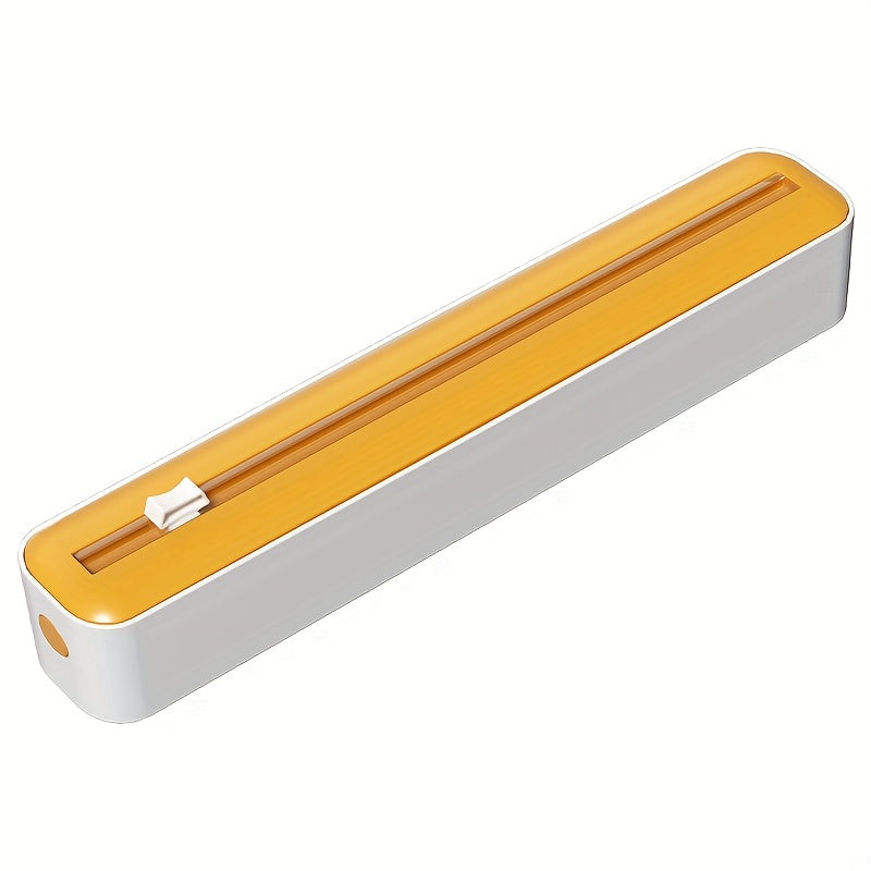Distributeur et coupeur double action, réutilisable, pour film plastique, aluminium, papier cuisson et cire, design moderne blanc/noir avec accents orange.