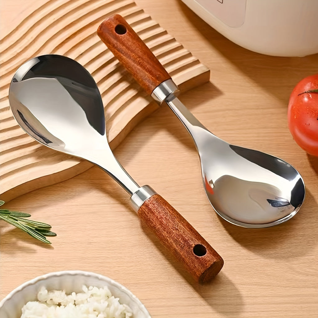 2pcs Wooden Handle Stainless Steel Soup Ladle - Non-Stick Kitchen Serving Spoon for Cooking, Home Dining &amp; Table Serving