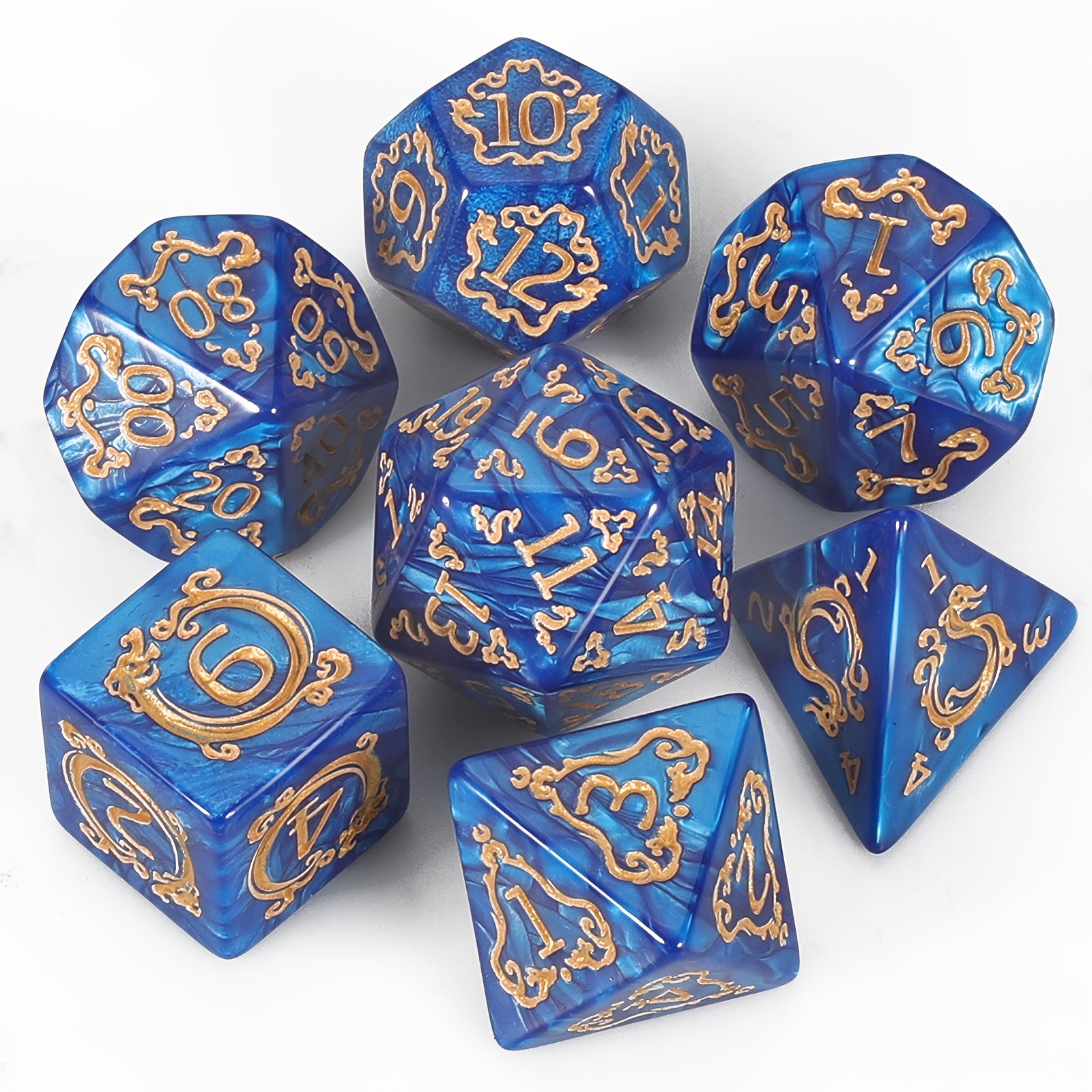 [مفضل لدى العملاء] مجموعة نرد متعدد السطوح فاخرة (7 قطع) مع حقيبة برباط لألعاب الطاولة من نوع الزنزانات والتنينات D&amp;D RPG MTG. مثالية للألعاب، والهالوين، وهدايا عيد الميلاد، ومغامرات تقمص الأدوار الخيالية.