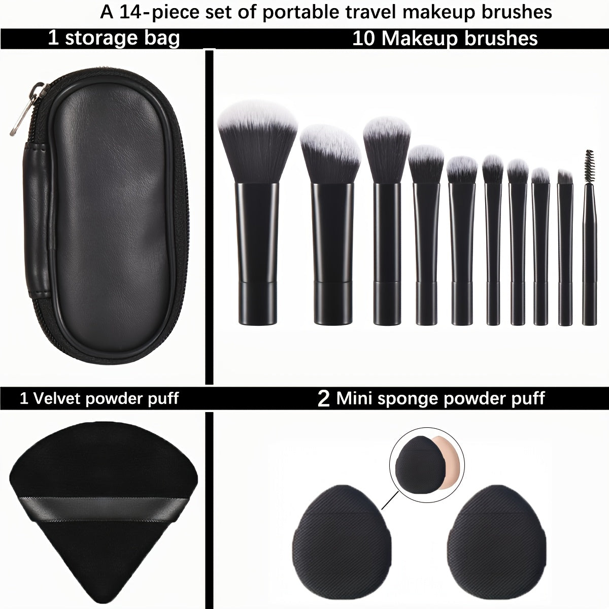 Set portable de pinceaux de maquillage avec éponge et houppette, parfait pour un kit complet d’outils cosmétiques en voyage.