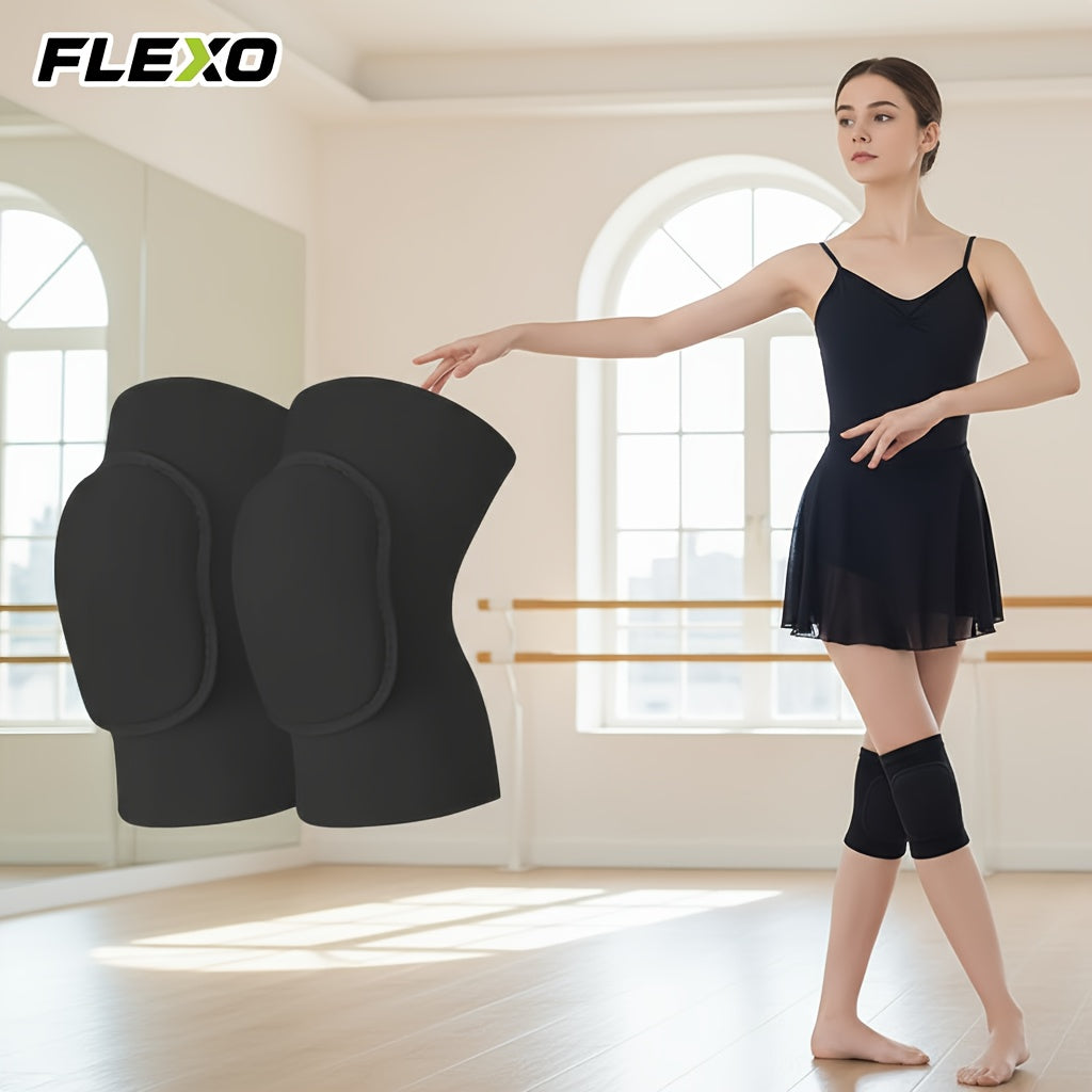 2pcs FLEXO Knee Support Sleeves & Pads for Men & Women | Lightweight Knee with 15mm Soft Padded Cushion, Breathable Elastic Material, Ideal for Volleyball, Gym, Yoga, Dance, Fitness, Pilates - Black, Polyester Knit Fabric, Ha