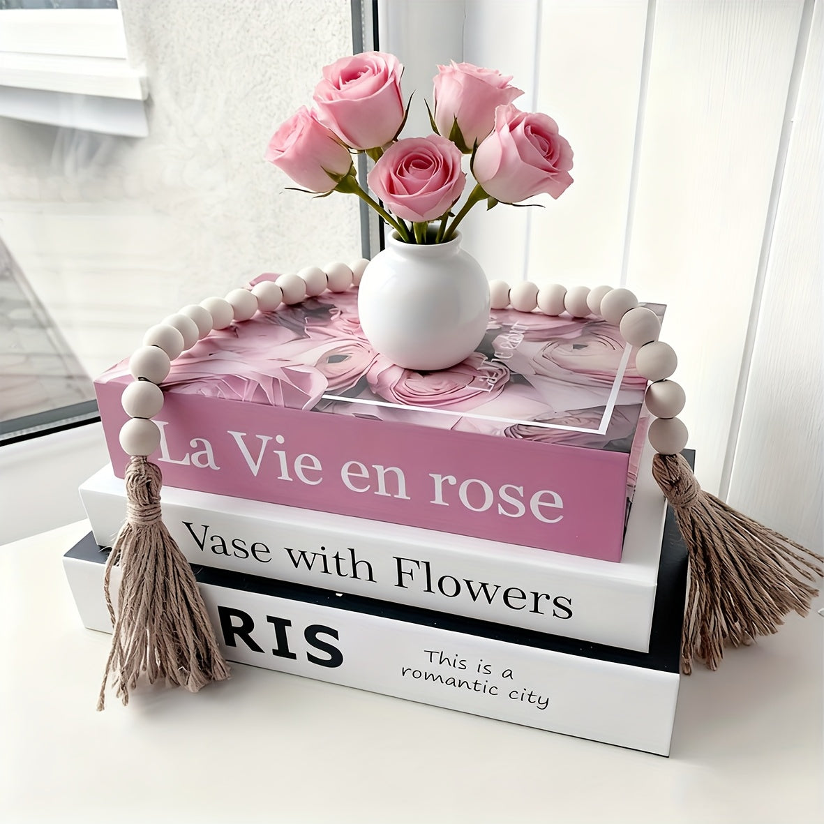 3pcs Luxury Fake Book Decorations - Realistic Book Stack with Pink Roses &amp; Vase, No Electricity Needed, for Home, Office, Cafe, Photography Props, Book Decorations, Office Decoration, Elegant Design, Decorative Vase
