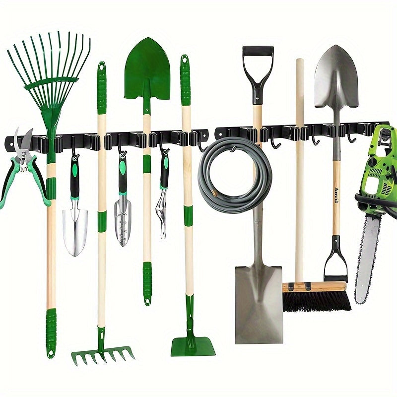 Organisateur mural en acier inoxydable, 4 emplacements et 5 crochets, rangement polyvalent pour outils jardin, balais, garage, robuste et gain de place.