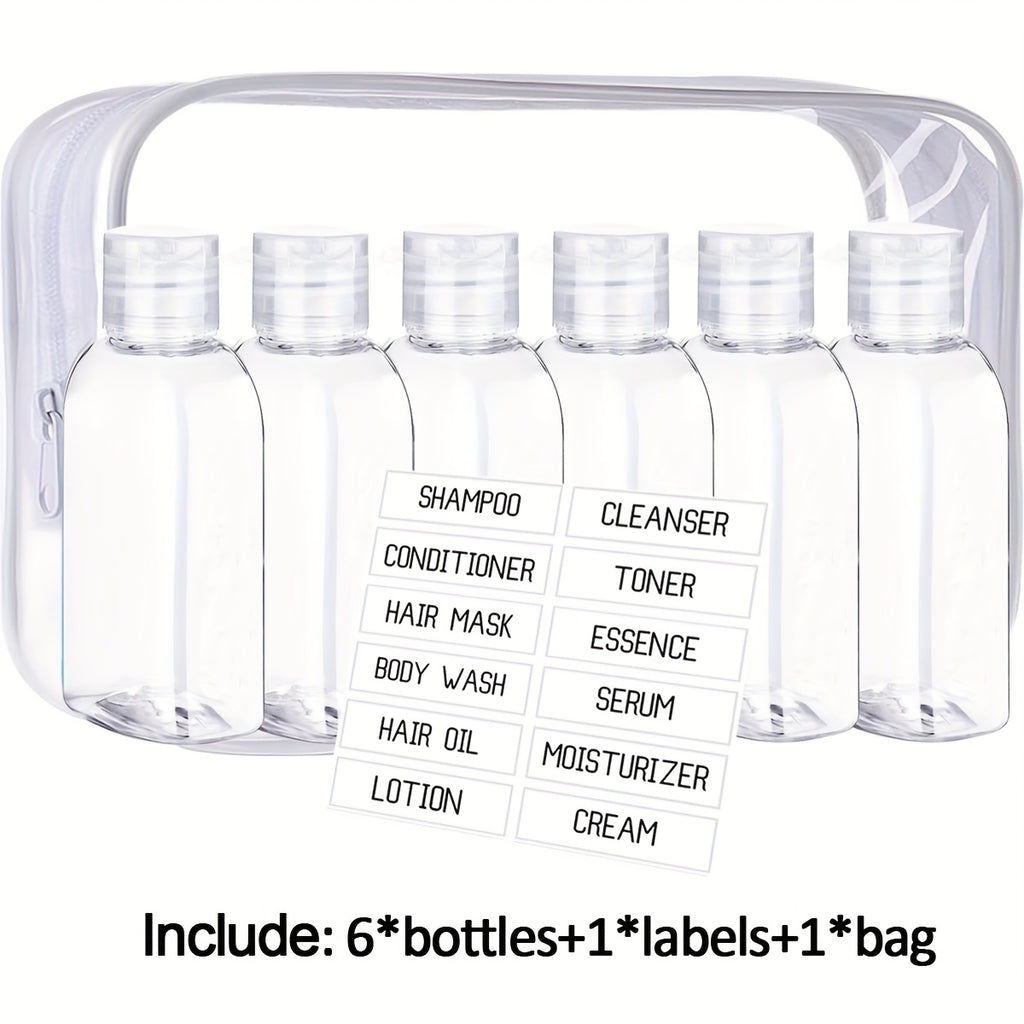 Lot de 6 flacons de voyage 100 ml, étanches, conformes TSA, rechargeables, faciles à presser et nettoyer pour lotions et soins.