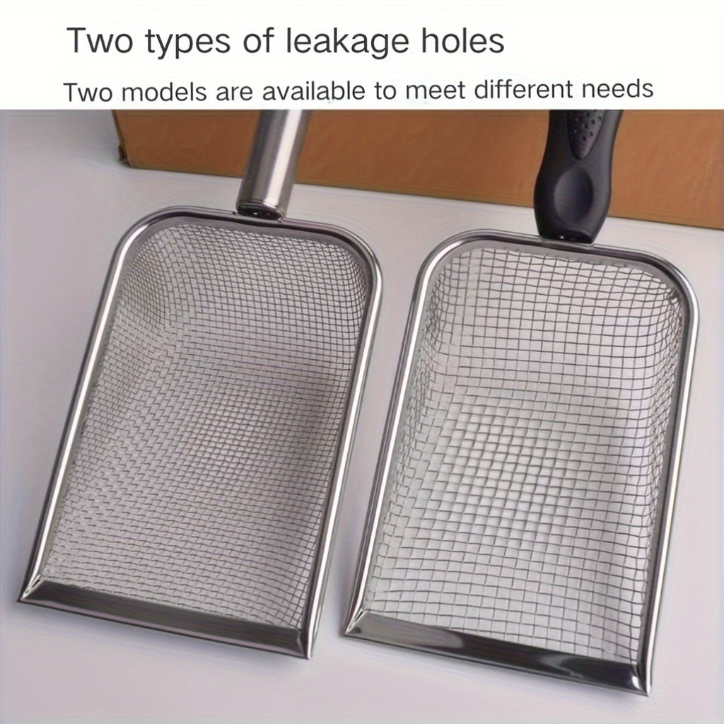 Pelle à litière en acier inoxydable, maille fine, poignée ergonomique, durable, pour litière agglomérante ou non, deux tailles de tamis disponibles.