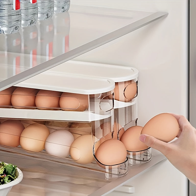 1 Space-Saving Double-Layer Transparent Automatic Rolling Egg Storage Box with Lid - Heavy-Duty PP Plastic, 4-Tier Egg Organizer for Fridge Door and Countertop, Food-Safe Kitchen Storage Solution, Essential Refrigerator Egg H