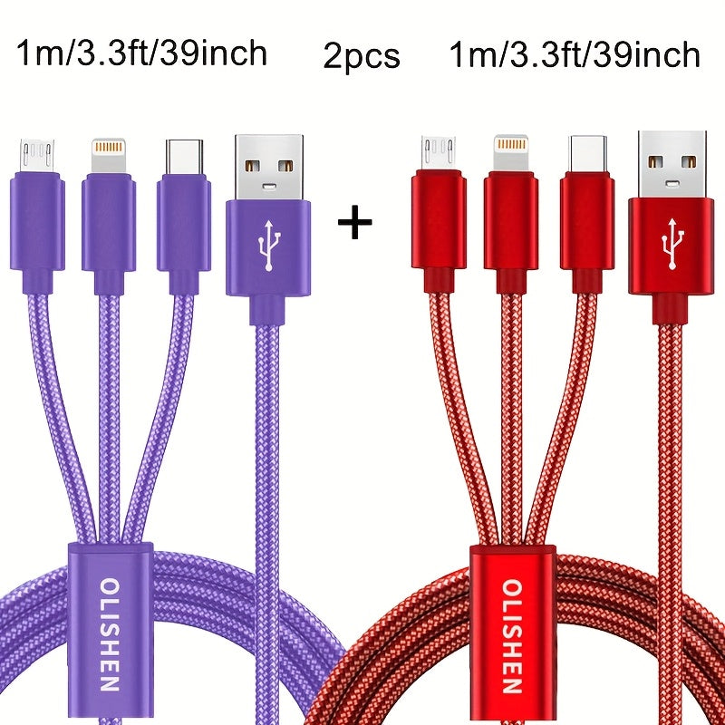 2pcs 3-in-1 Fast Charging Cable | Durable Nylon Braided, Compatible with iPhone, Samsung, Xiaomi, Oppo, Vivo, Redmi, OnePlus & More, Supports USB Charging, 10W Output Power