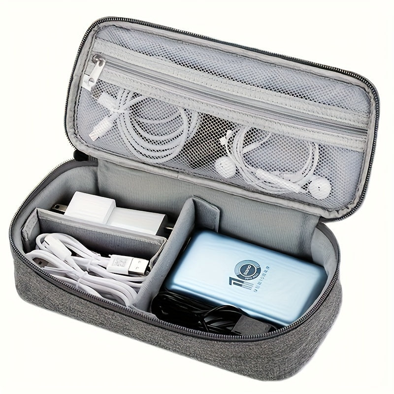 Trousse élégante en tissu avec compartiments multiples – organise câbles, batteries et accessoires, légère, pliable, pratique pour le voyage.