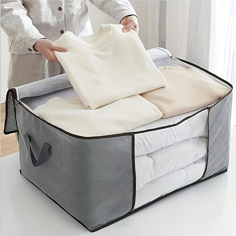 Sac de rangement vêtements grande capacité avec fenêtre transparente, organise vêtements, couvertures ou accessoires, pratique pour placard ou stockage à domicile.