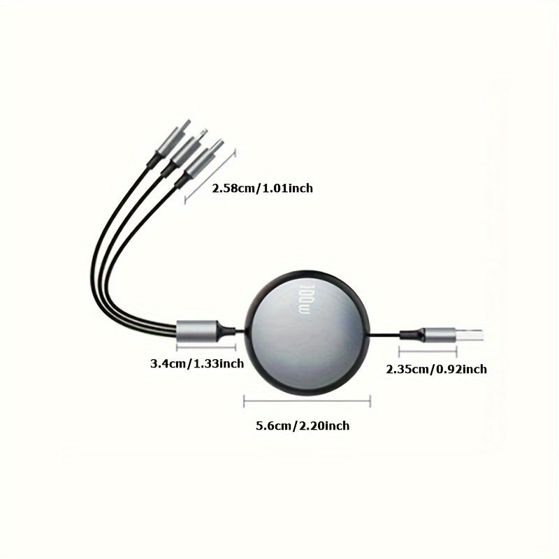 3 in 1 Retractable USB Charging Cable, 6A 100W Fast Charge, USB to Type C/Micro USB Compatible with iPhone 13/14/12/11/X, Huawei, Samsung, Data Sync 480Mbps, USB Powered, ≤36V