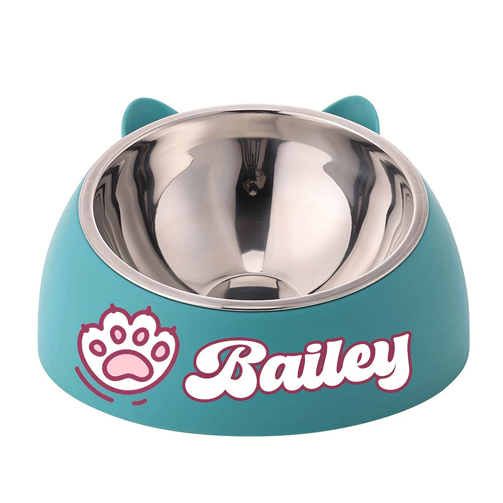Bol incliné personnalisé en acier inoxydable pour chats et chiens, protège le cou, gravure possible, durable, accessoire repas idéal pour animaux.