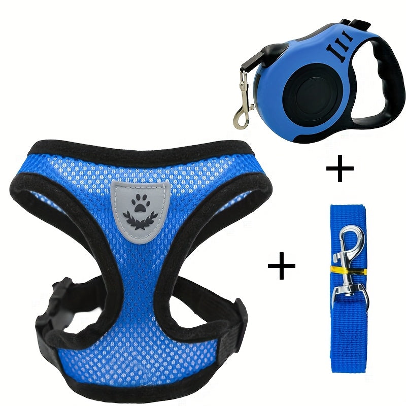 3pcs Set, Double Switch Retractable Pet Leash and Harness, Soft Nylon Mesh Vest for Cats & Small Dogs, Easy Control & Comfortable Safety, Hand Wash Only