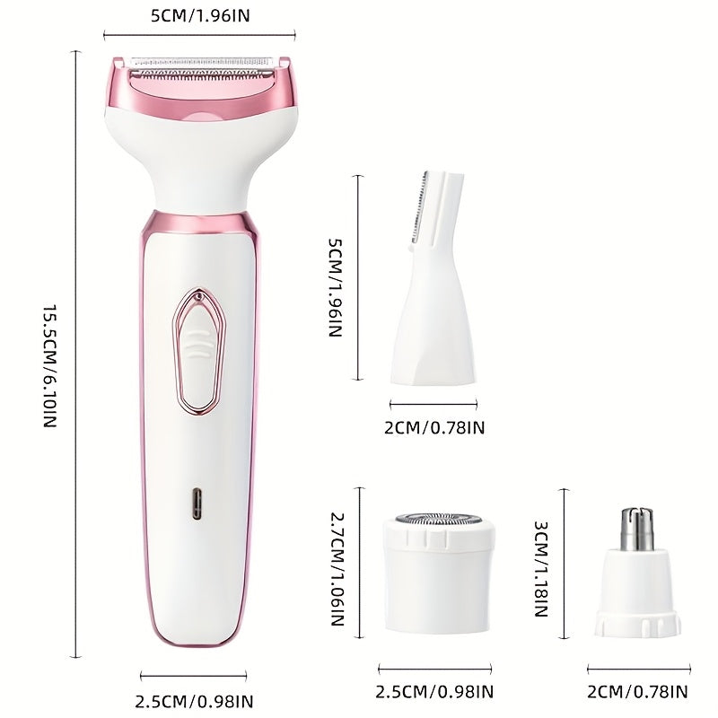 Épilateur 4 en 1 USB rechargeable pour femmes, visage, sourcils, nez et jambes, design compact et adapté aux teints clairs, idéal voyage et cadeau.