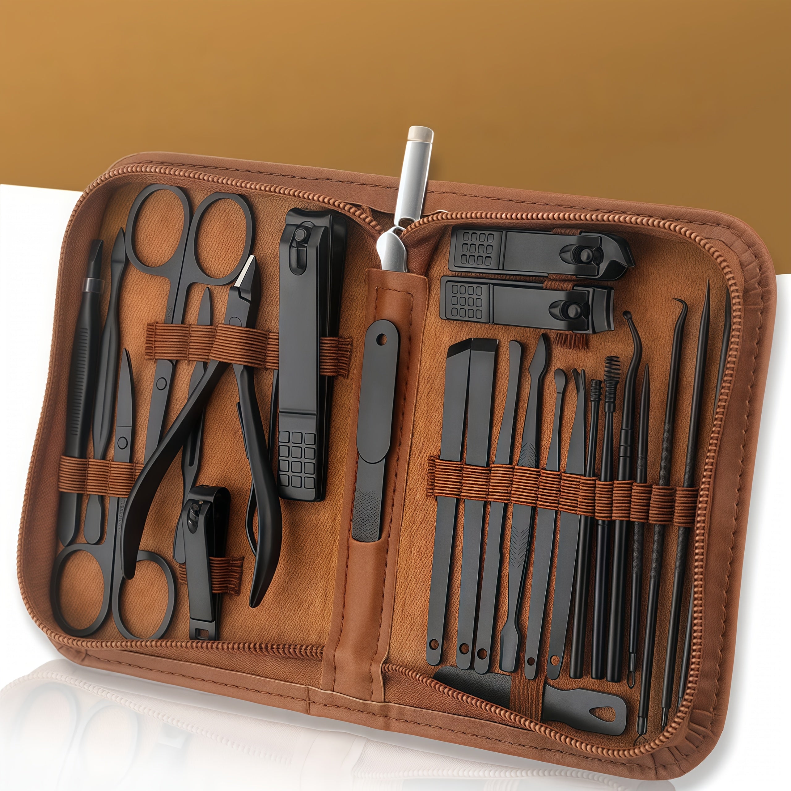 26-in-1 Professional Manicure Pedicure Set - Heavy-Duty Black Stainless Steel Complete Nail Care Kit with Leather-like Travel Case, Foldable Grooming Tools (Nail Clippers, Cuticle Trimmer, Remover, Cuticle Pusher) for Men &amp; W