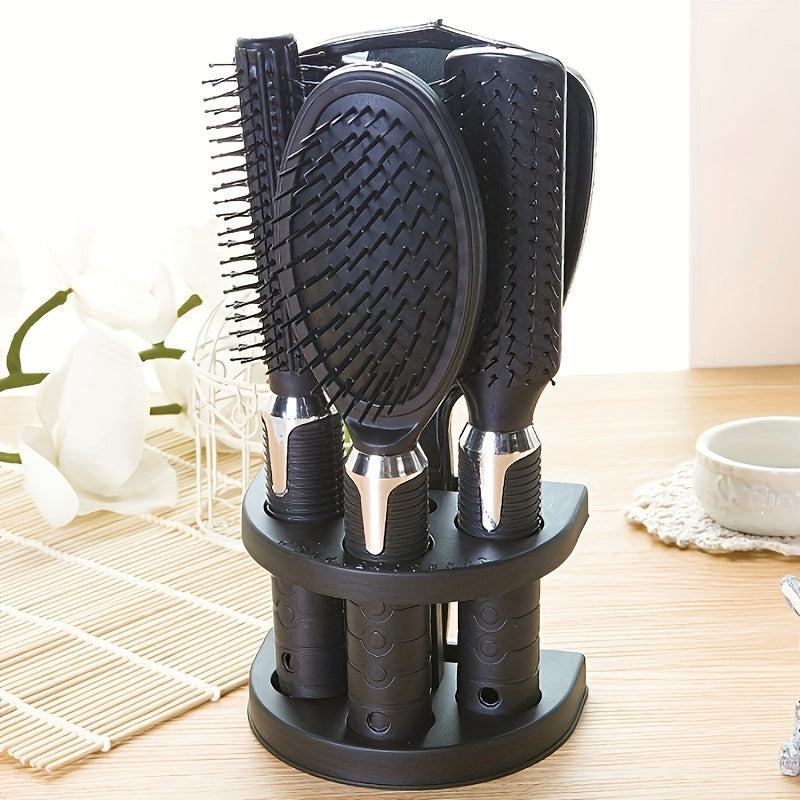 4pcs Professional Salon Hair Styling Set, Scent-Free Brushes for All Hair Types with Mirror &amp; Holder - Black, Hair Brush
