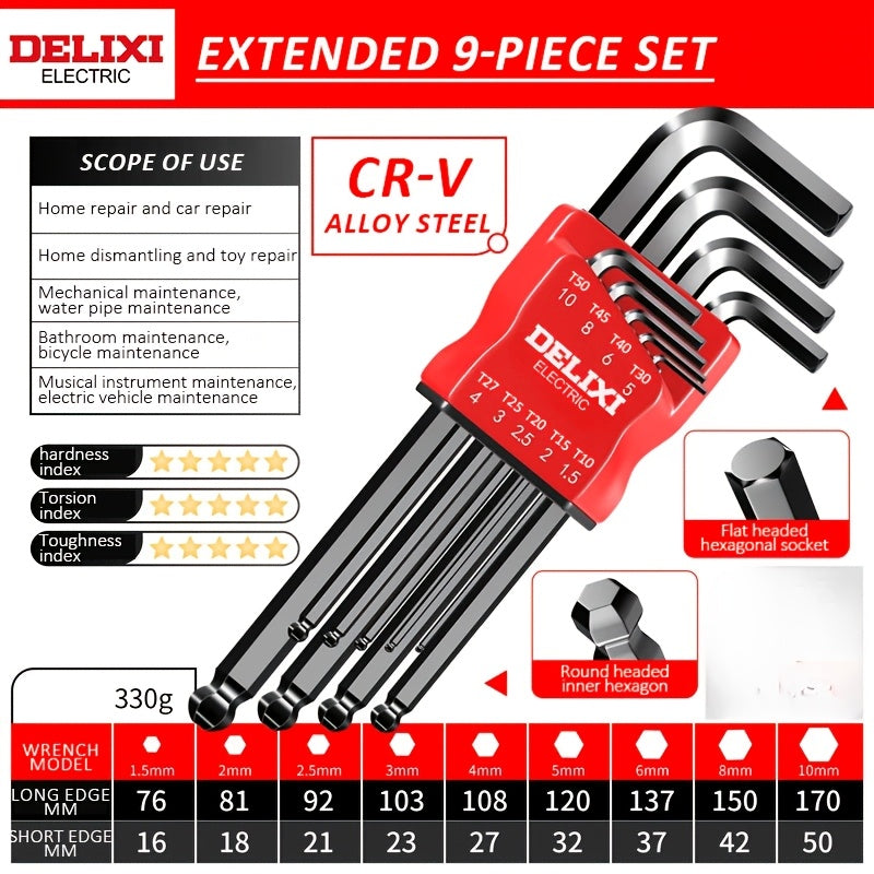 Extra-Long Arm Hex Wrench Set with Ball &amp; Torx Ends - Comfort Grip, Durable Metal for Bike Repair and DIY Projects, Hex Socket Set, Carefully Crafted