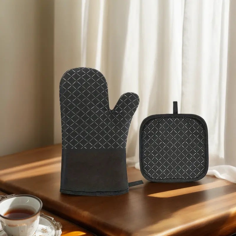 Ensemble gant et tapis de cuisine : polyester durable, facile à nettoyer, résistant à la chaleur. Accessoire essentiel pour une utilisation domestique quotidienne.