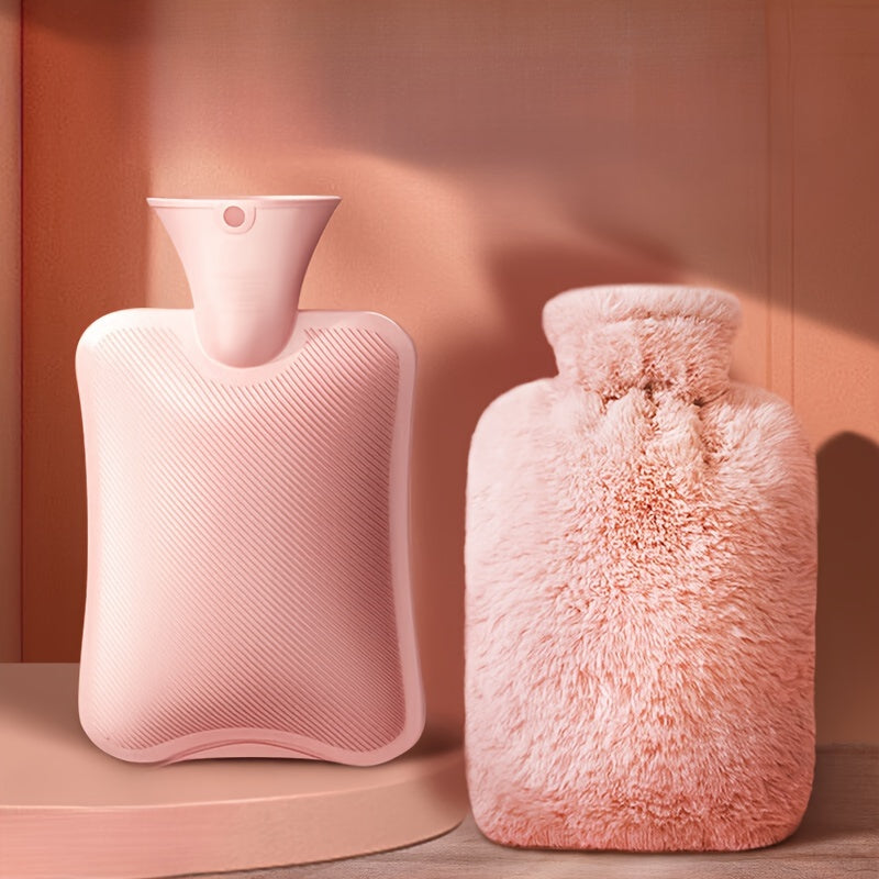 Bouillotte peluche douce avec doublure PVC, soulage cou, dos, épaules, jambes et douleurs menstruelles ; format confortable 500/1000 ml.