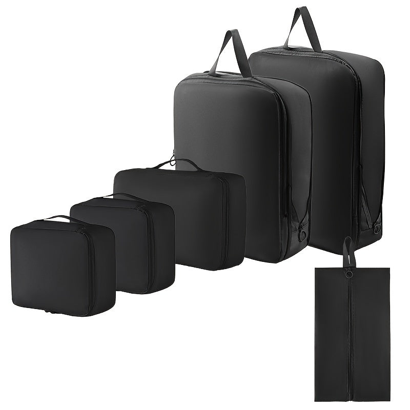 Ensemble minimaliste de 6 cubes de compression en polyester durable, idéal pour organiser vêtements et articles de toilette dans les bagages.
