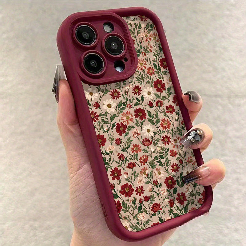Coque rétro rouge vin avec motif fleurs et herbes, protection antichoc complète, couvre lentille, compatible iPhone 14 à 16 Pro Max, design élégant.