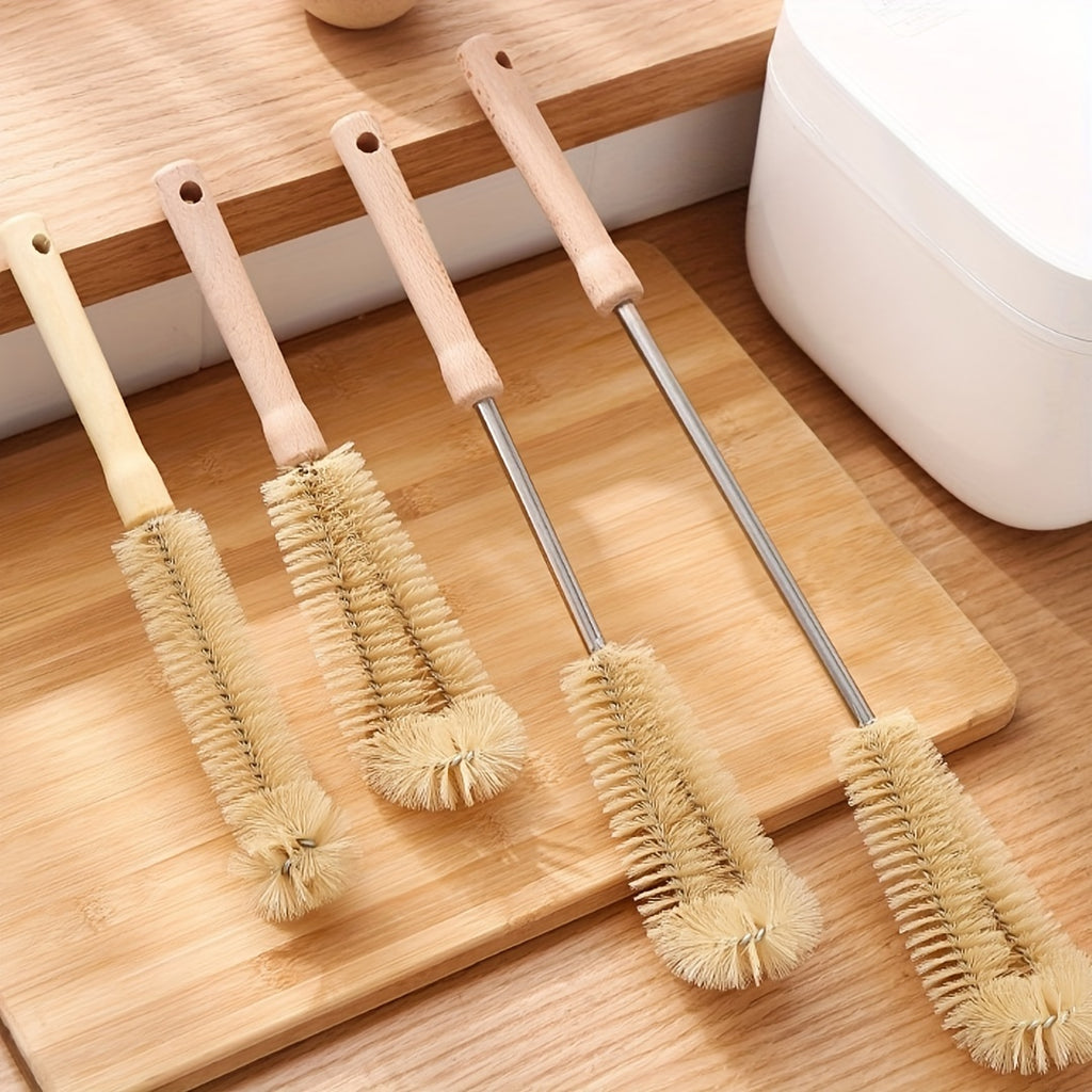4pcs Multi-Size Cleaning Brush Set with Wooden Handles - Reusable, Easy-Grip Design for Effortless Kitchen, Youngsters Bottle, and Household Cleaning - Includes Long Handle Brush with Hanging Hole, Cleaning Tools
