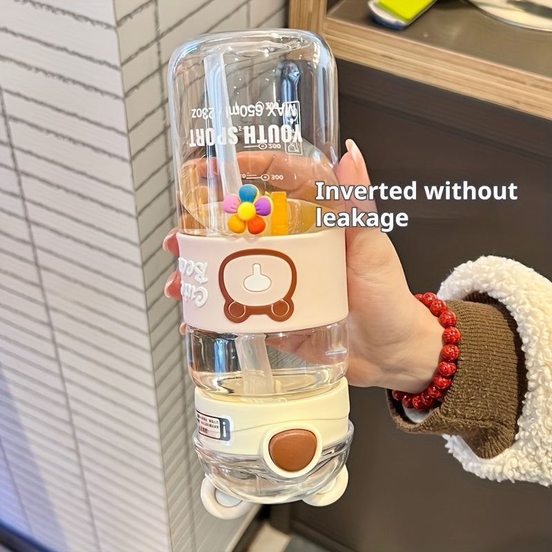 550ml/650ml Cute Bear Cartoon Portable Water Bottle with Straw, High-Value School Cup with Lifting Handle – Perfect for Summer/Winter Drinks, Outdoor Sports, Fitness, Travel, Camping, School, Halloween &amp; Christmas Gifts, Wa