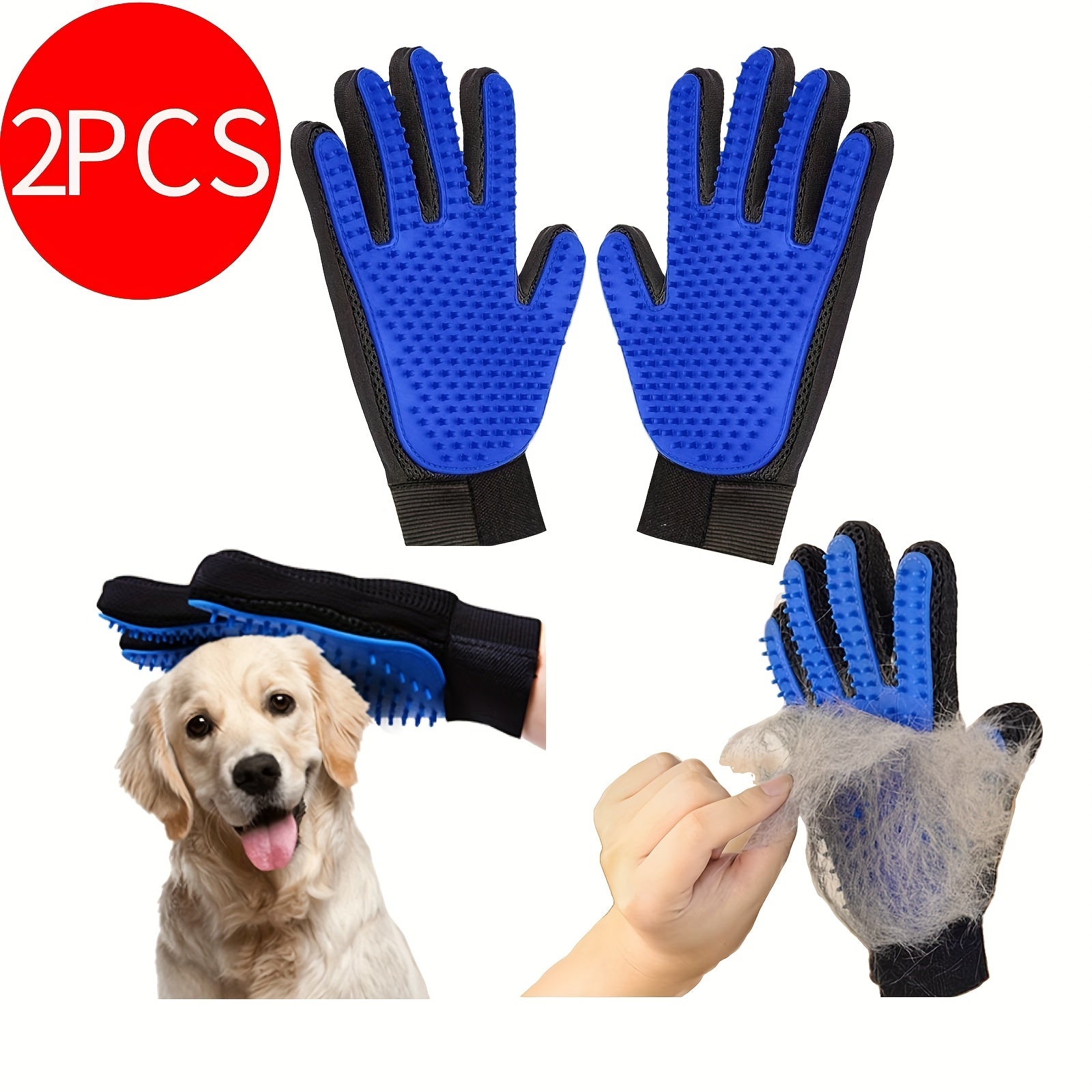 Lot de 2 gants de toilettage 2-en-1 pour animaux. Élimine poils et fourrure, massage et désépaississement pour chiens et chats.