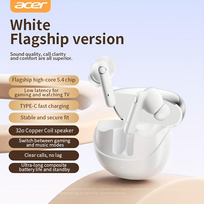 Écouteurs sans fil ACER TWS, son stéréo HiFi, réduction de bruit pour appels, puce 5.4, légers, tactiles, confortables et design élégant, autonomie longue durée.