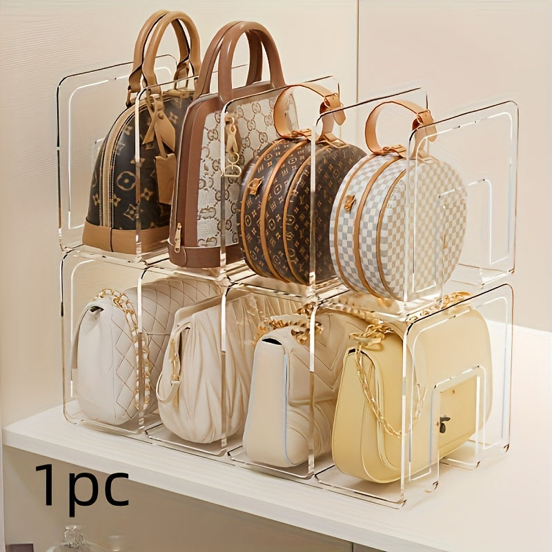 Organisateur vertical en plastique transparent à compartiments et crochets. Structure robuste, gain de place, idéal pour sacs, chaussures, livres, vêtements. Facile à assembler.