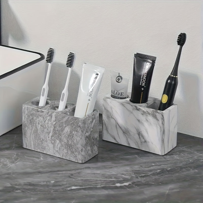 Porte-brosses à dents en résine 3 compartiments Design marbré avec touches dorées, rangement stable pour brosses et dentifrice, accessoire durable et élégant pour salle de bain.