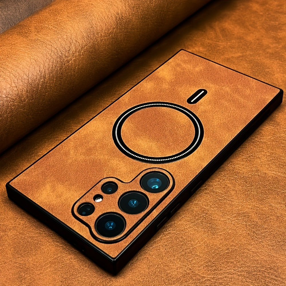 Coque de luxe en cuir PU rétro pour Samsung Galaxy, antichoc, compatible charge sans fil, finition mate élégante, protection haut de gamme et design sophistiqué.